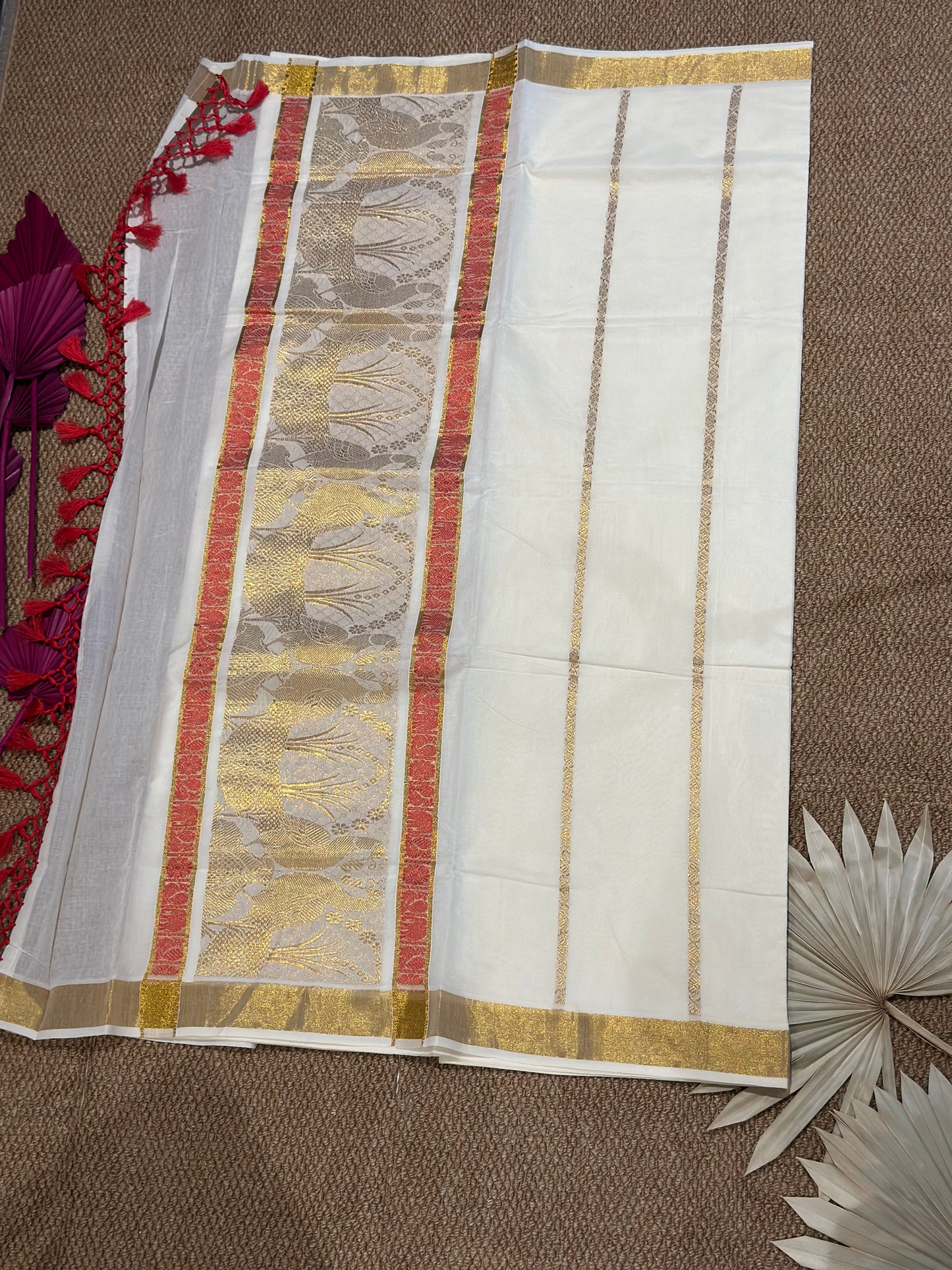 Kerala Set Saree - Red tassel- Royal Peacock Motifs