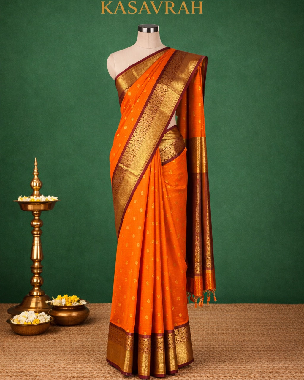 Kasavrah Rust Orange & Brown Kanjipuram Semi Silk Saree with Zari Buttas