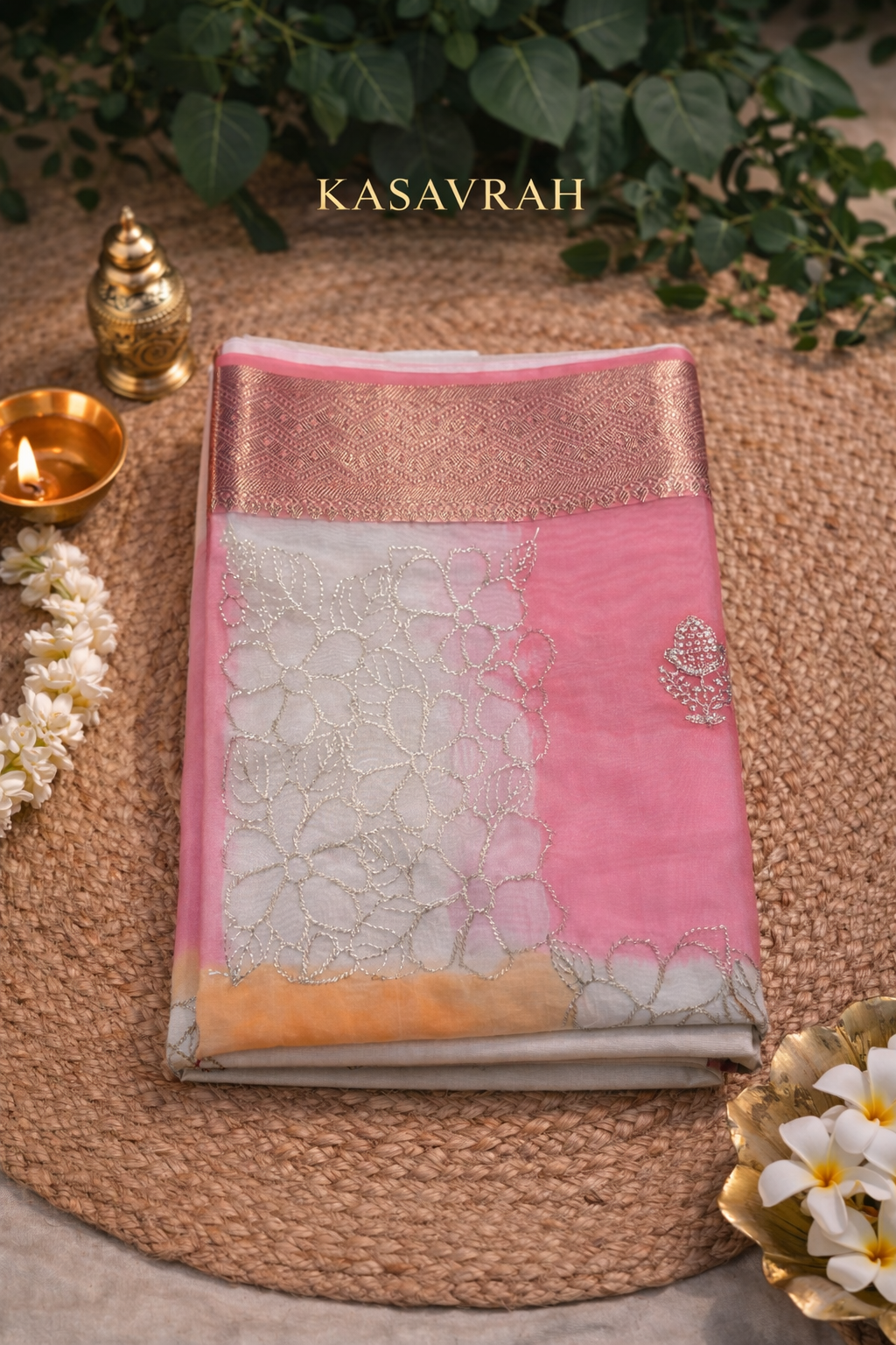 Blush Petal Tissue Silk Saree with Zari Floral Embroidery