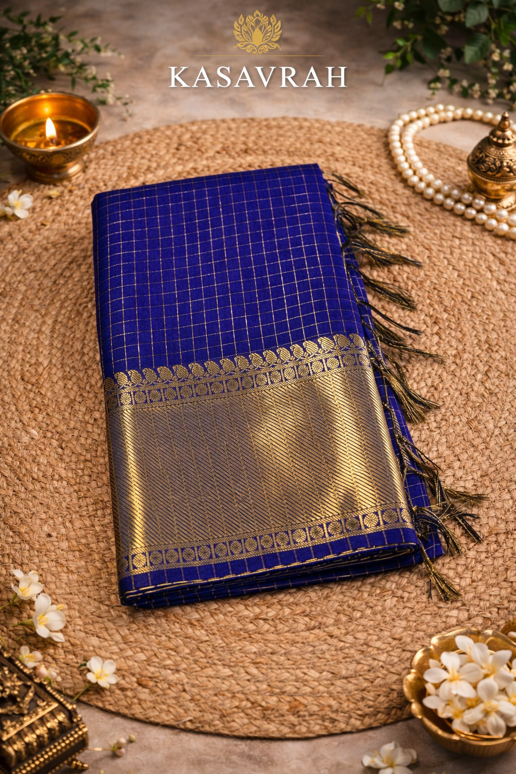 Kasavrah Royal Blue Zari Check Saree