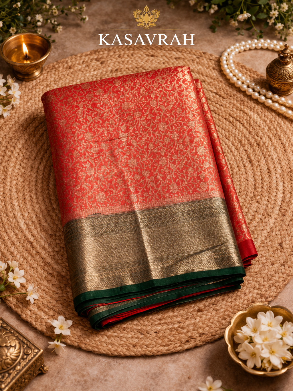 Kasavrah Crimson Gold Brocade Saree with Emerald Border