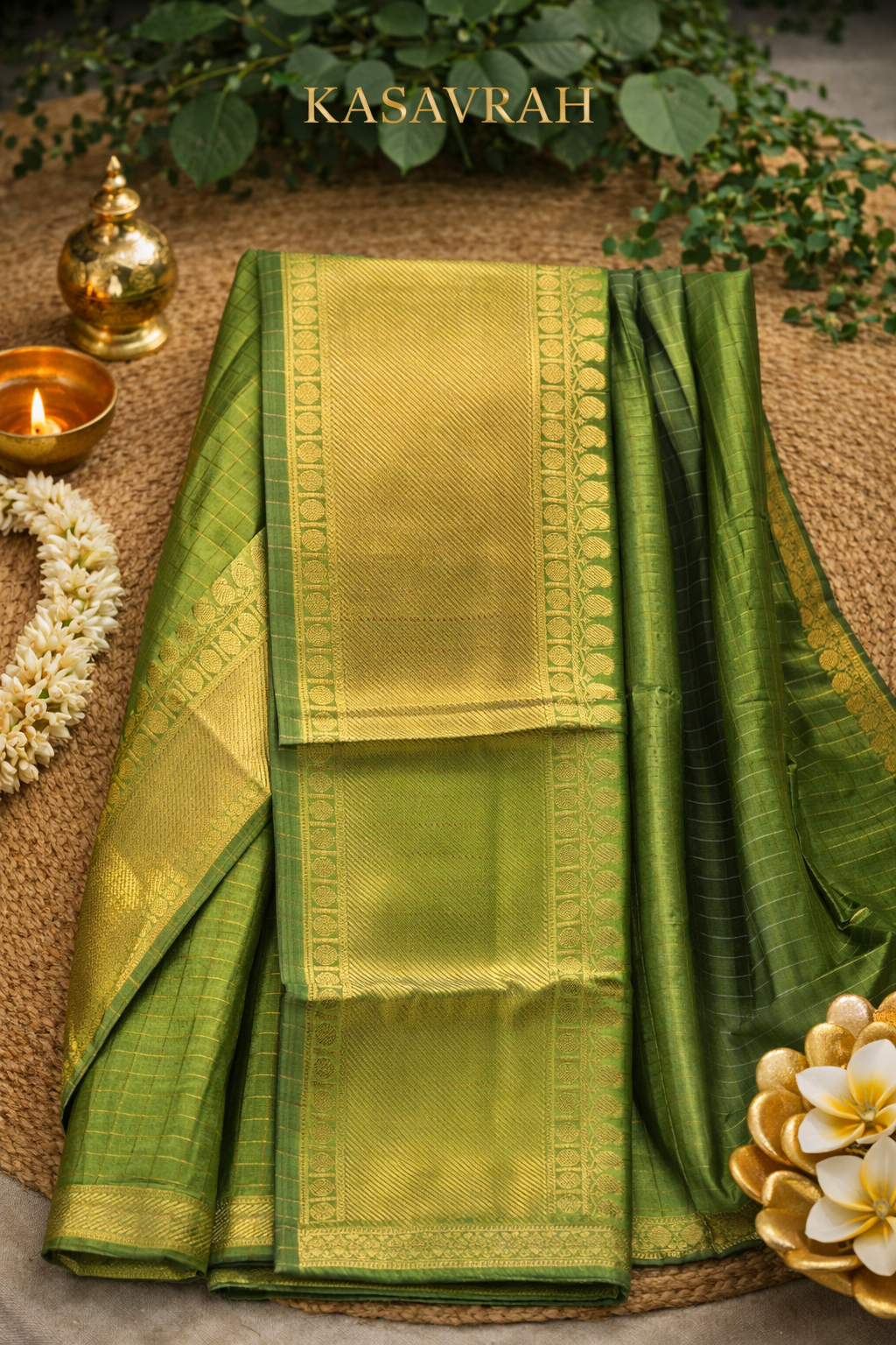 Kasavrah Emerald Gold Kanjivaram Semi Silk Saree with Temple Zari Border