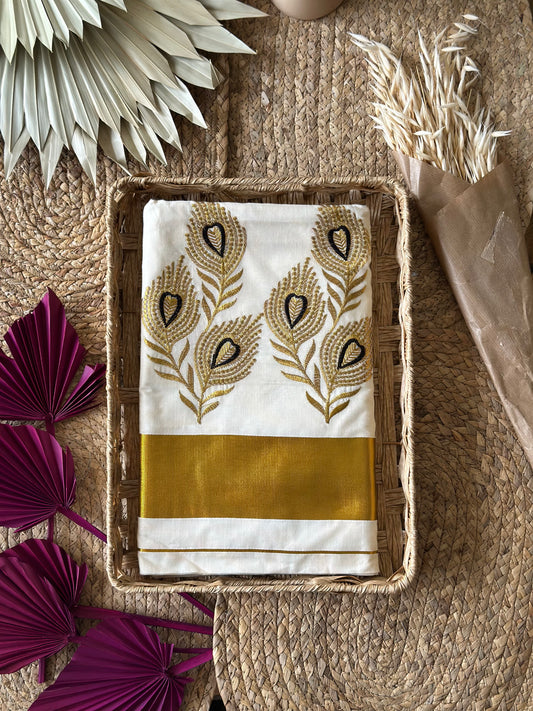 Golden Bloom Kasav Saree with Intricate Peacock Feather  Motifs