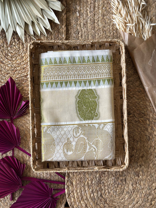 Olive Grace Kerala Kasav Set Saree with Elephant and Temple Motifs