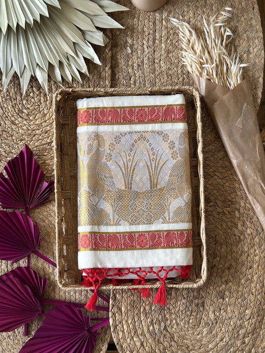 Kerala Set Saree - Red tassel- Royal Peacock Motifs