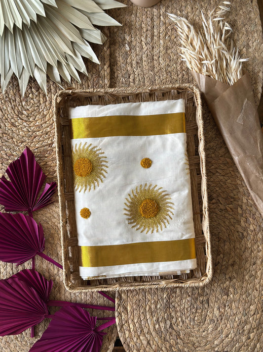 Kerala Set Saree - Golden thread embroidery- Sun Motifs