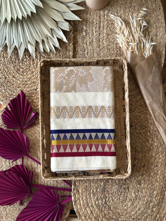 Kerala Set Saree - Red and Blue Border- Temple design