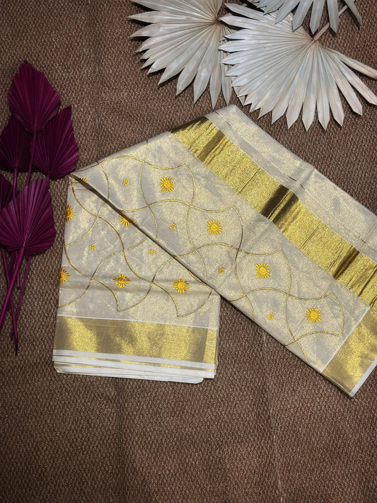 Ivory Kasav Saree with Golden Sunflower Embroidery