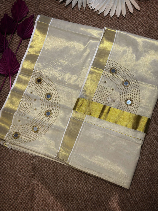 Ivory Kerala Kasav Saree with Handcrafted Bead & Mirror Work