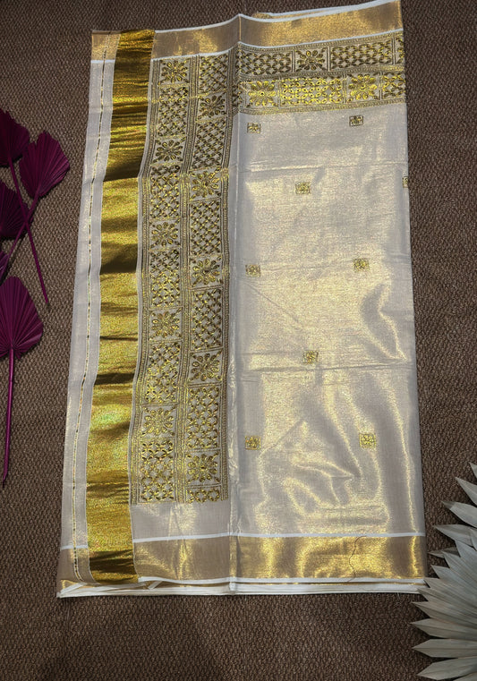 Ivory Kerala Kasav Saree with Golden Floral Cutwork Detailing