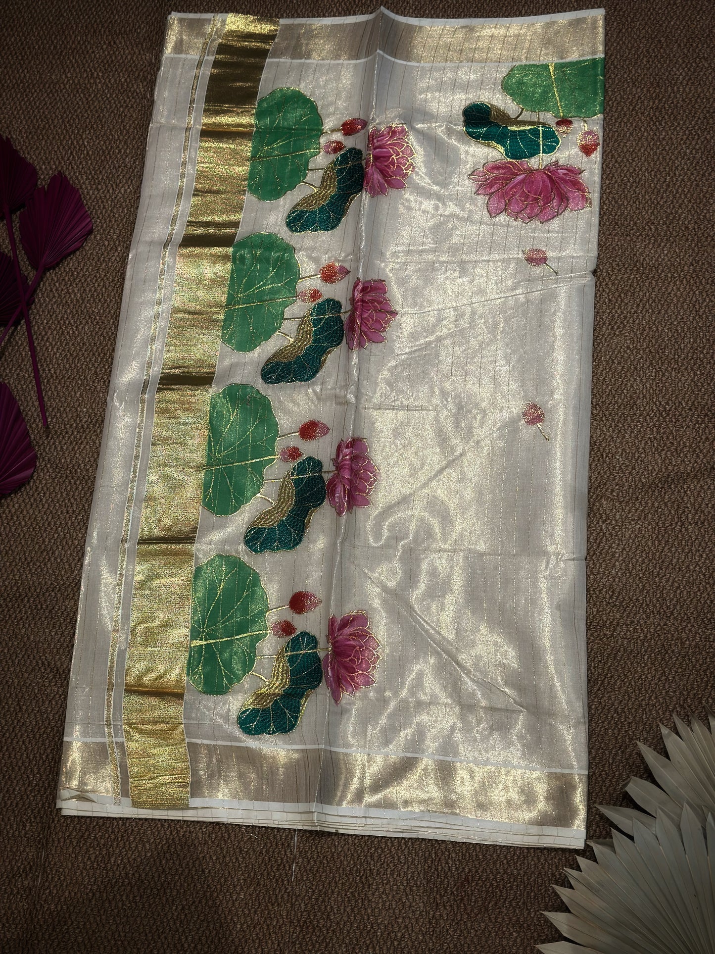 Ivory Kerala Kasav Saree with Hand-Embroidered Lotus Pond Design