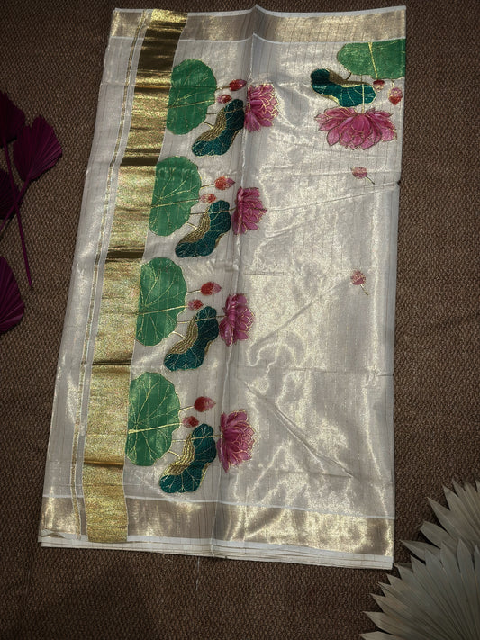 Ivory Kerala Kasav Saree with Hand-Embroidered Lotus Pond Design