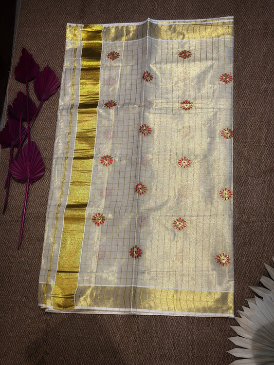 Ivory Kerala Kasav Saree with Red Floral Embroidery & Gold Checks
