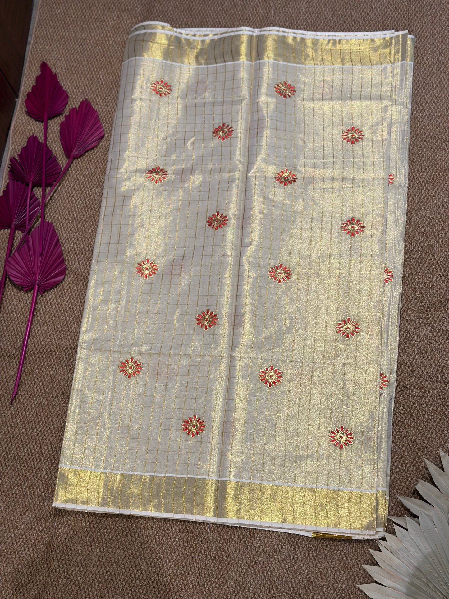 Ivory Kerala Kasav Saree with Red Floral Embroidery & Gold Checks