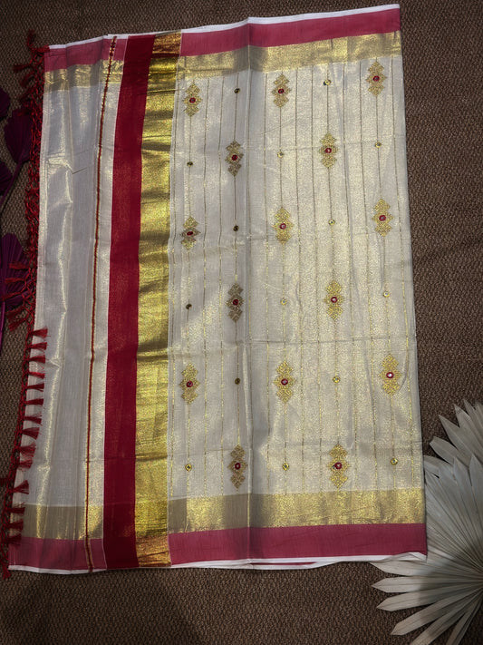Ivory Kerala Kasav Saree with Red Border & Mirror Work