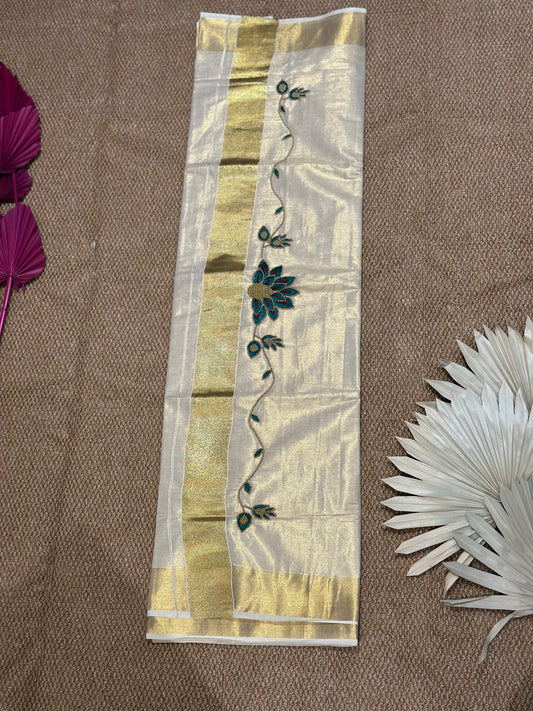 Ivory Kerala Kasav Saree with Green Embroidery & Bead Detailing