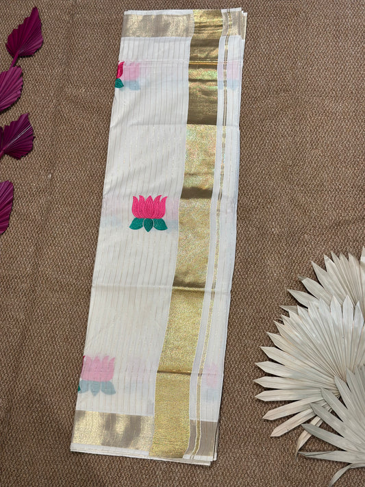 Ivory & Gold Kerala Kasav Saree with Blooming Lotus Motifs