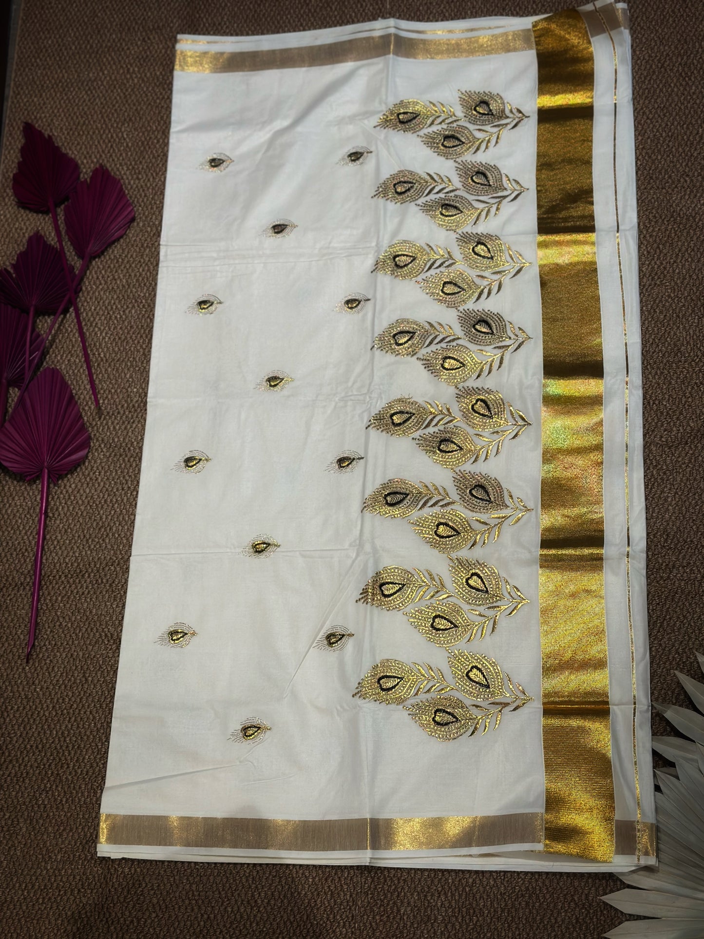 Golden Bloom Kasav Saree with Intricate Peacock Feather  Motifs