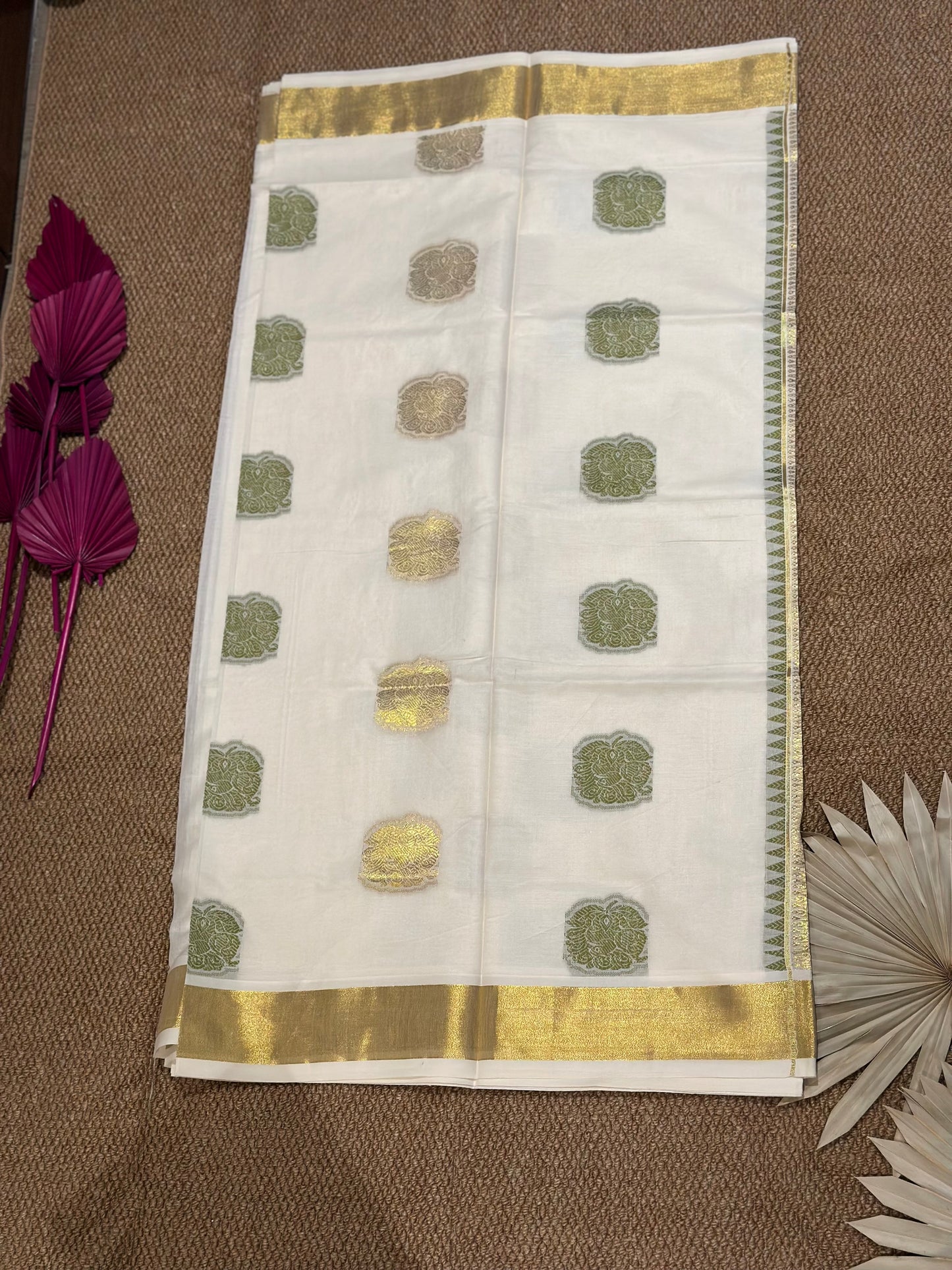 Olive Grace Kerala Kasav Set Saree with Elephant and Temple Motifs