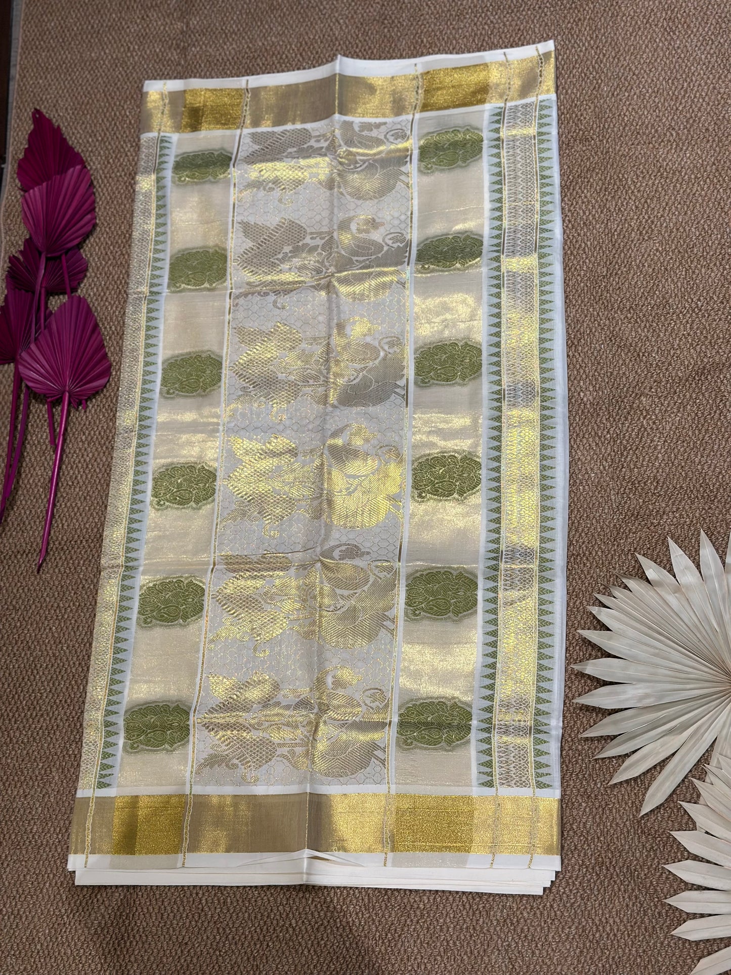 Olive Grace Kerala Kasav Set Saree with Elephant and Temple Motifs