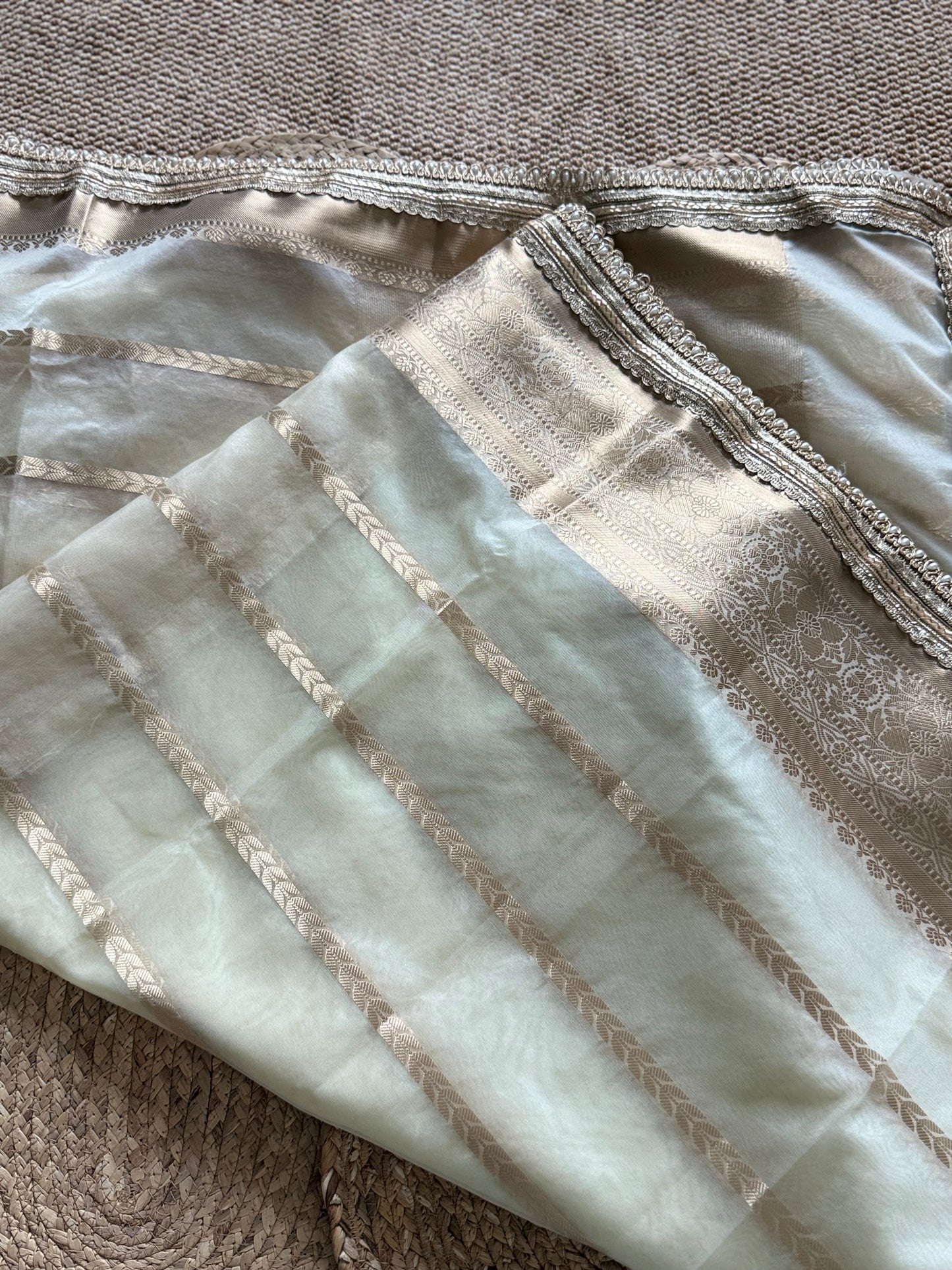 Tissue Silk Saree - horizontal lines- with Bead Border