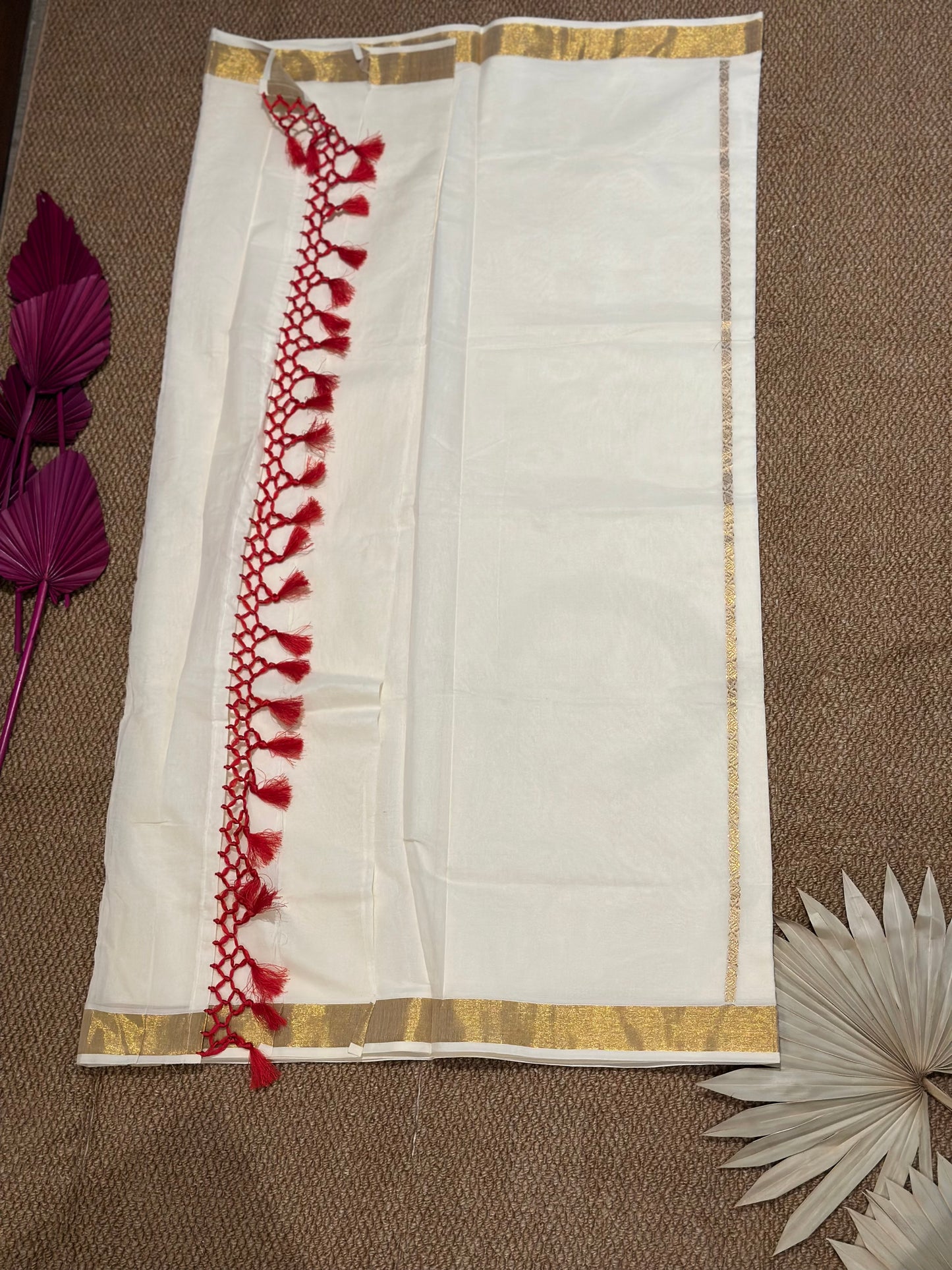 Kerala Set Saree - Red tassel- Royal Peacock Motifs