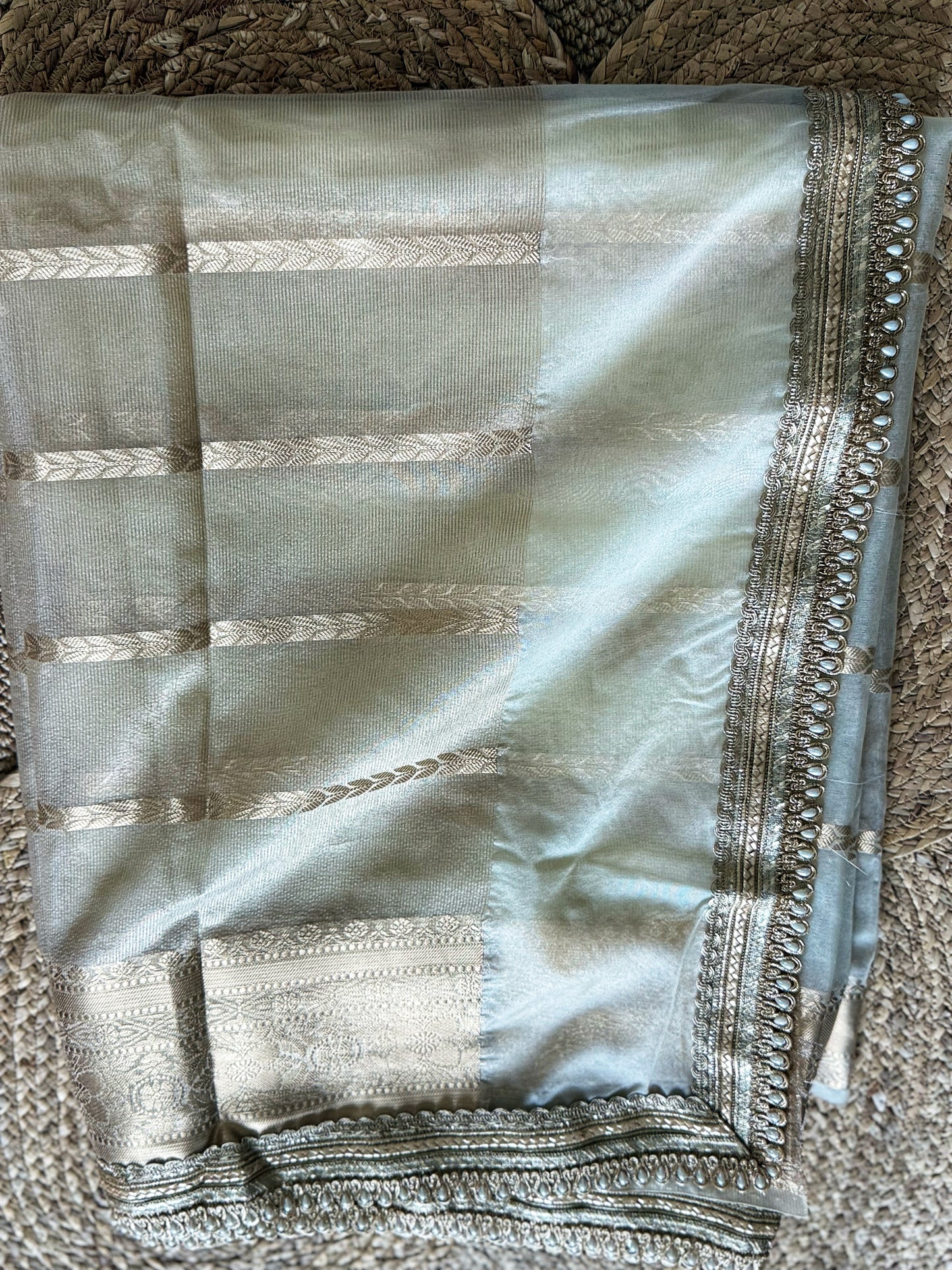 Tissue Silk Saree - horizontal lines- with Bead Border