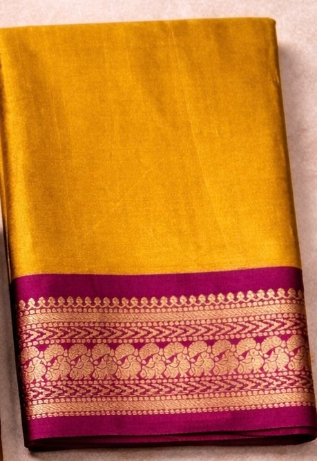 Kasavrah Mustard Gold Saree with Dual Contrast Borders