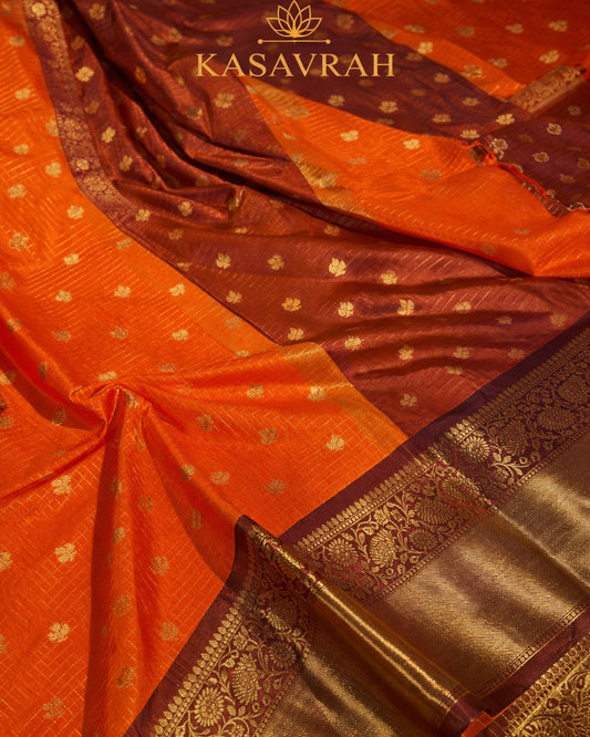 Kasavrah Rust Orange & Brown Kanjipuram Semi Silk Saree with Zari Buttas