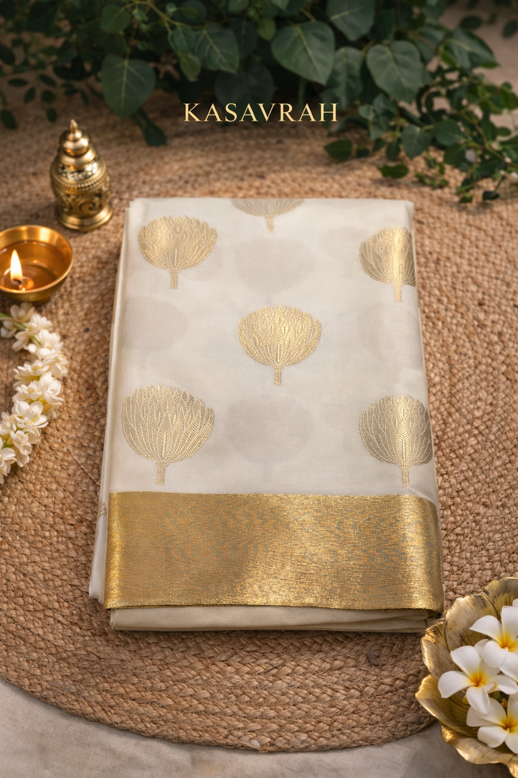 Ivory Gold Bloom Silk Saree with Zari Buttas
