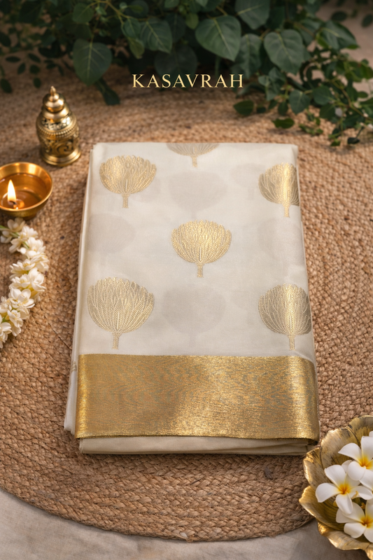 Ivory Gold Bloom Silk Saree with Zari Buttas