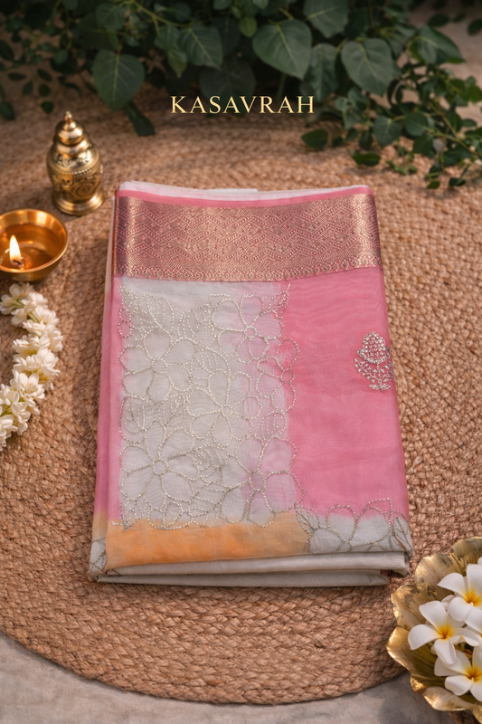Blush Petal Tissue Silk Saree with Zari Floral Embroidery