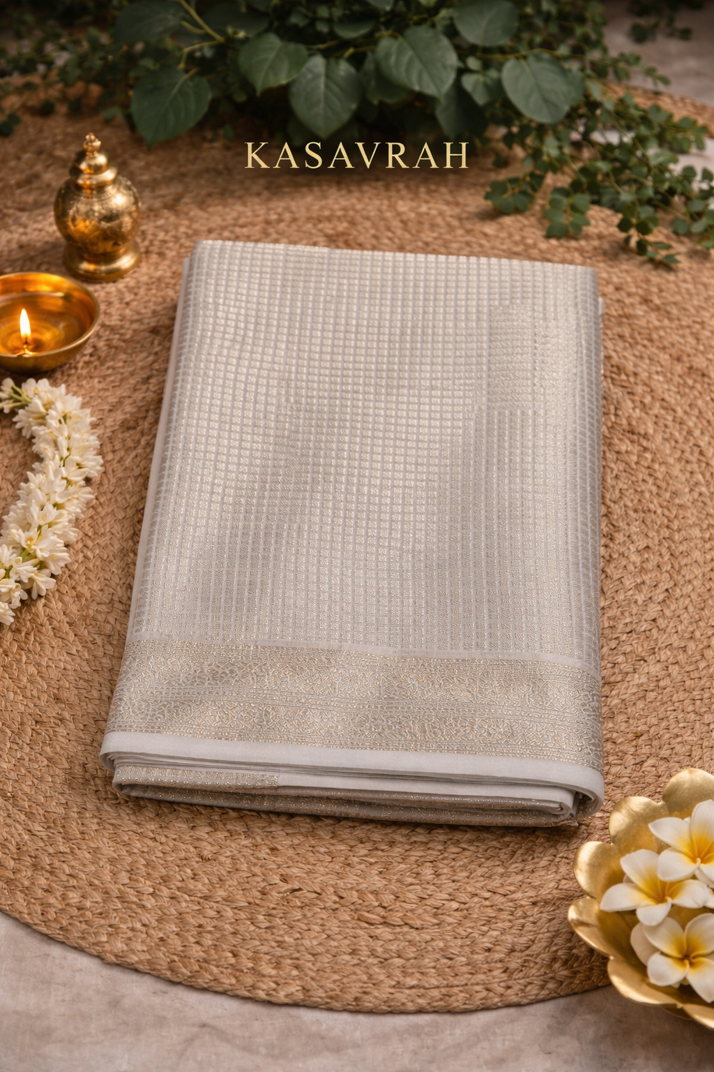 Silver Mist Tissue Silk Saree with Geometric Zari Weave
