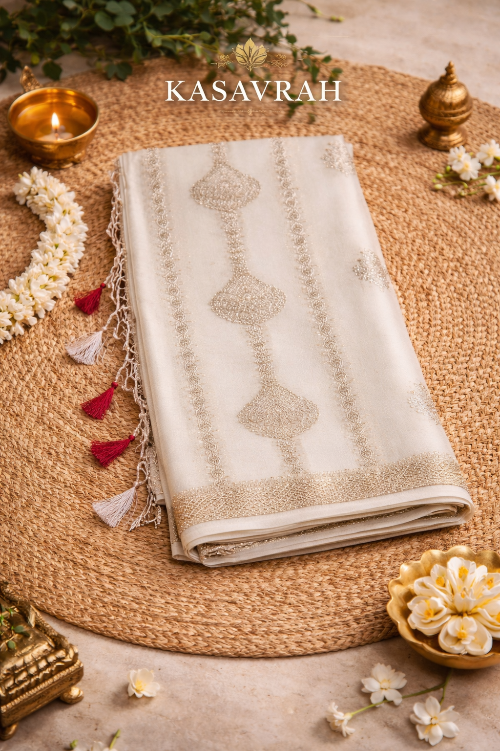 Kasavrah Ivory Zari Georgette Saree with Red Contrast Blouse