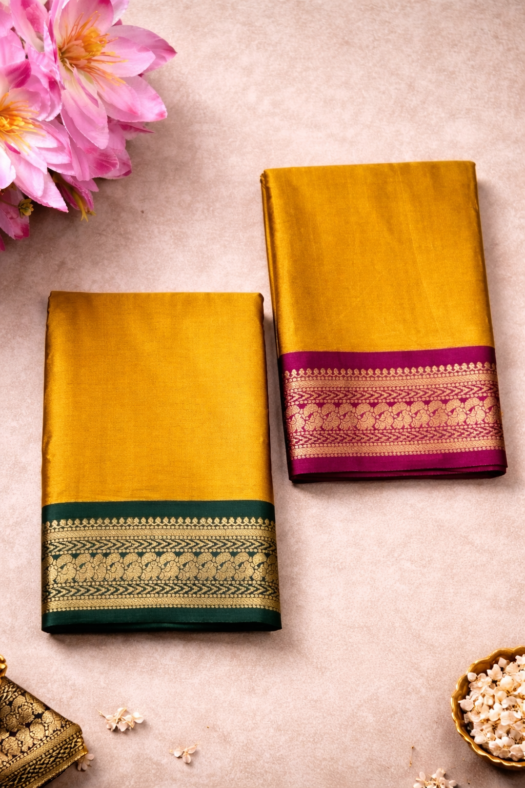 Kasavrah Mustard Gold Saree with Dual Contrast Borders