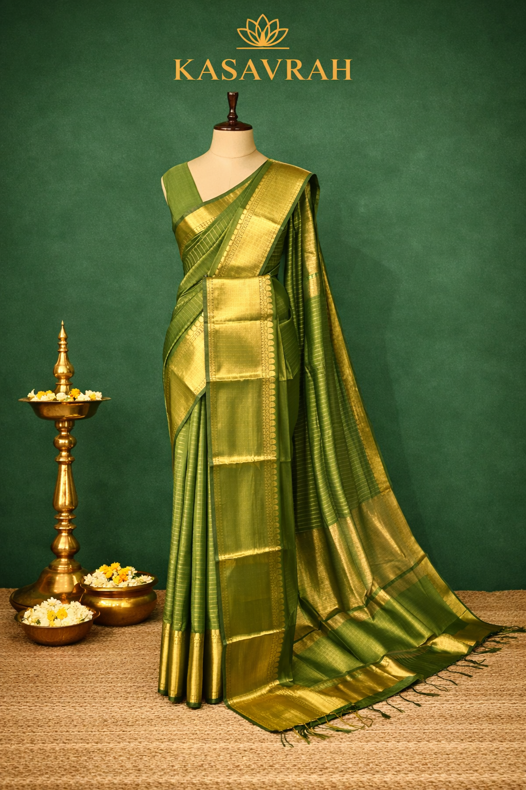 Kasavrah Emerald Gold Kanjivaram Semi Silk Saree with Temple Zari Border