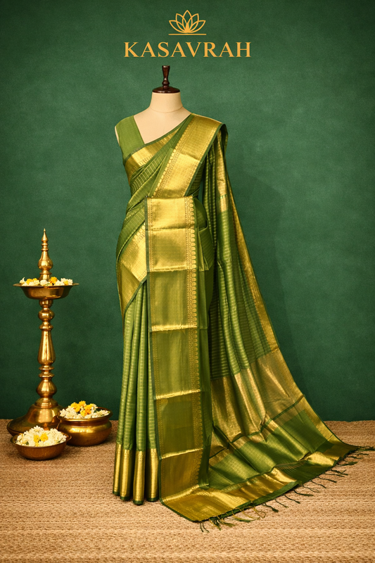 Kasavrah Emerald Gold Kanjivaram Semi Silk Saree with Temple Zari Border