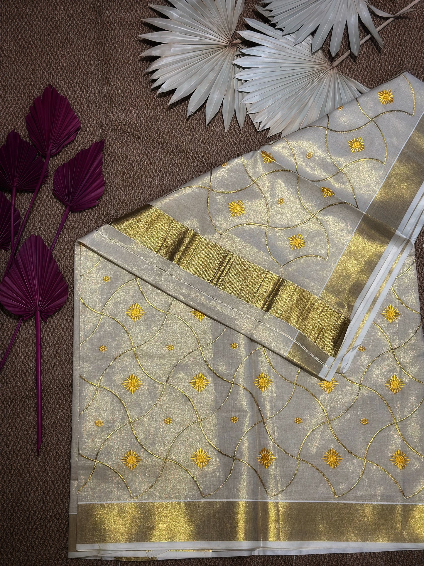 Ivory Kasav Saree with Golden Sunflower Embroidery