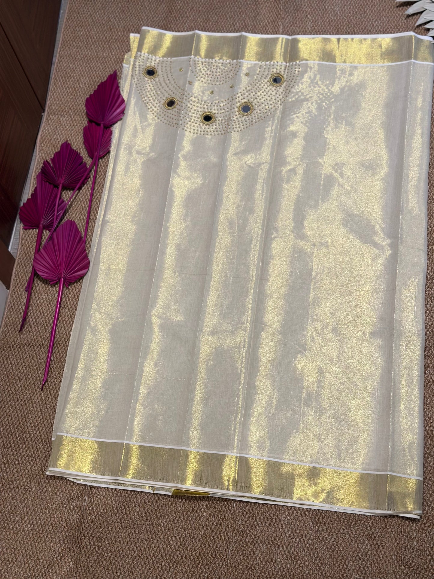 Ivory Kerala Kasav Saree with Handcrafted Bead & Mirror Work