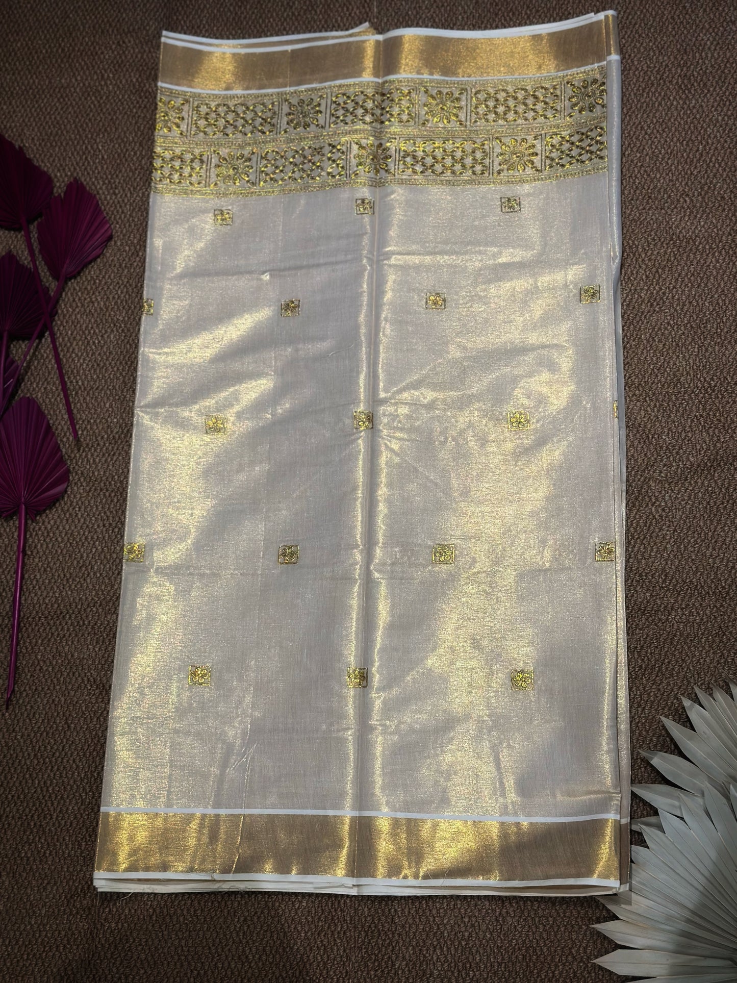 Ivory Kerala Kasav Saree with Golden Floral Cutwork Detailing