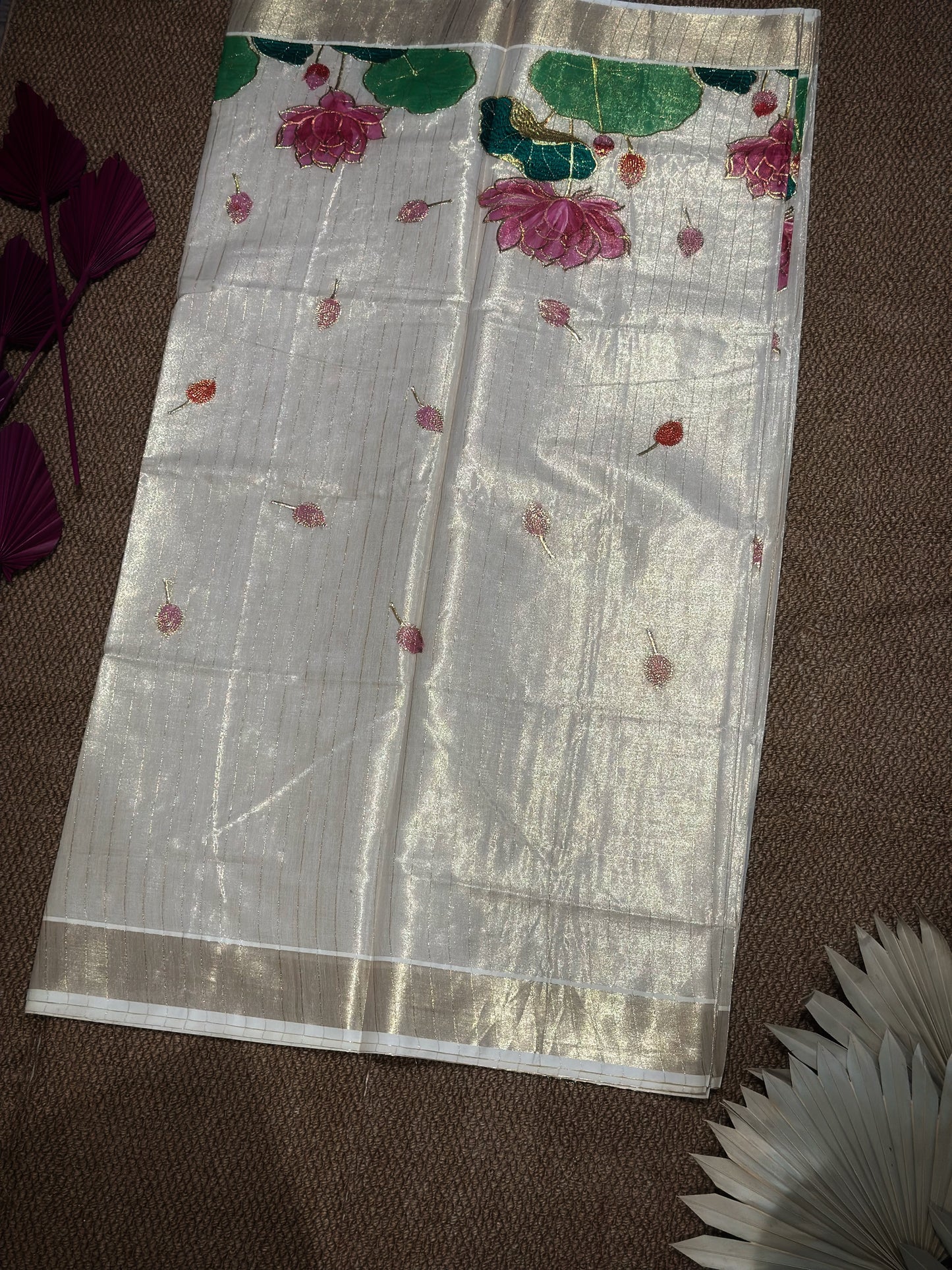 Ivory Kerala Kasav Saree with Hand-Embroidered Lotus Pond Design