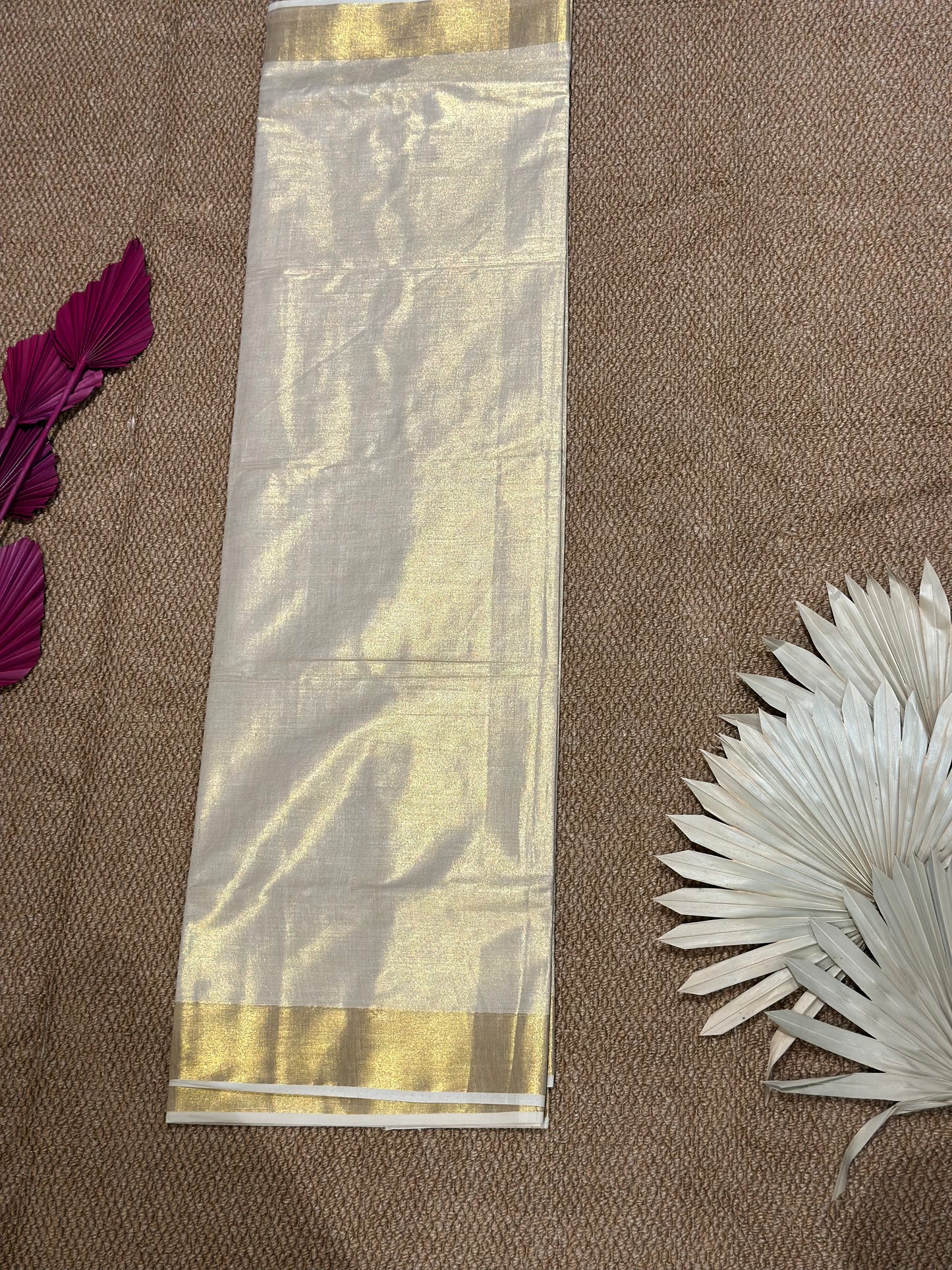 Ivory Kerala Kasav Saree with Green Embroidery & Bead Detailing