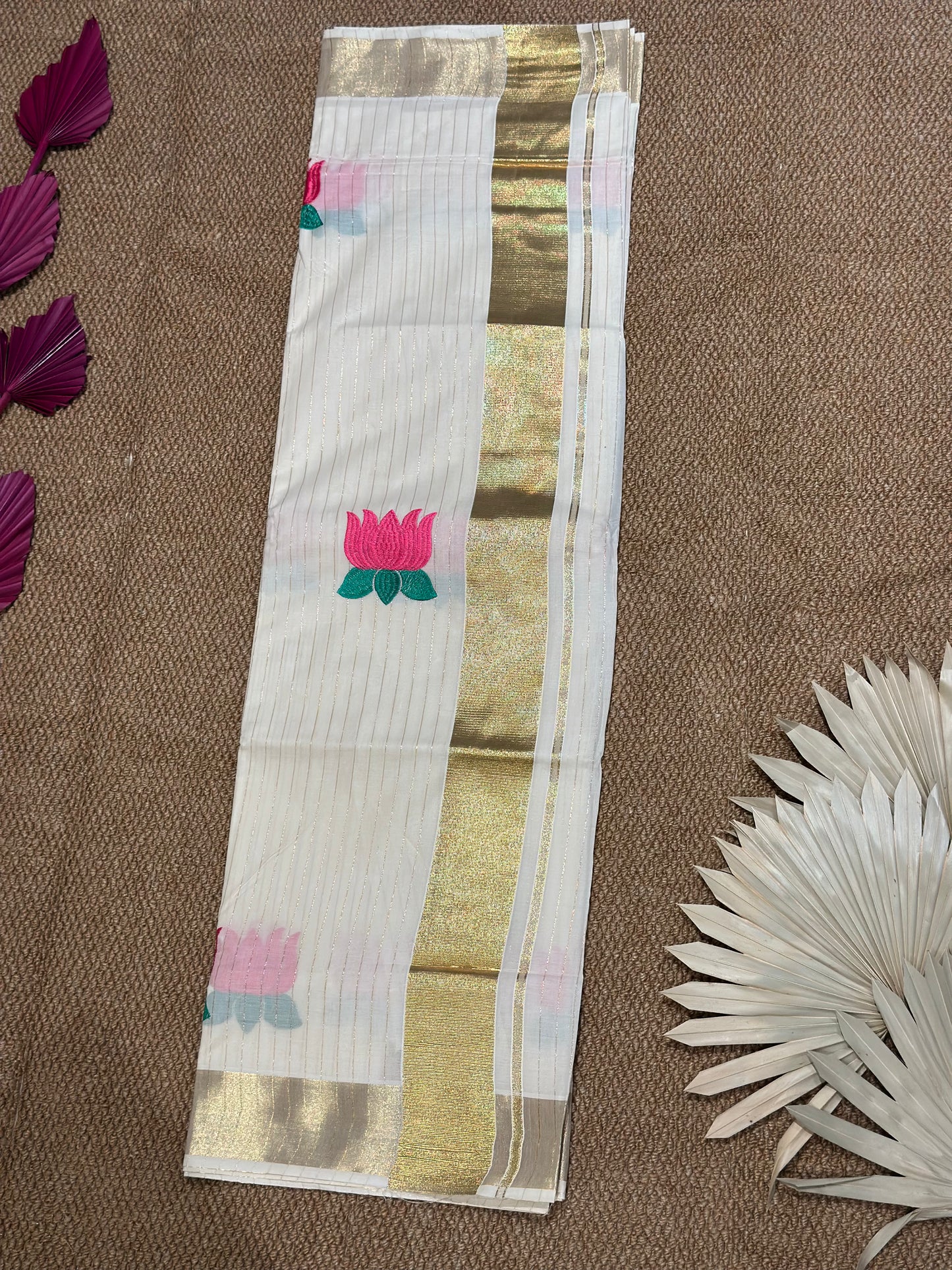 Ivory & Gold Kerala Kasav Saree with Blooming Lotus Motifs