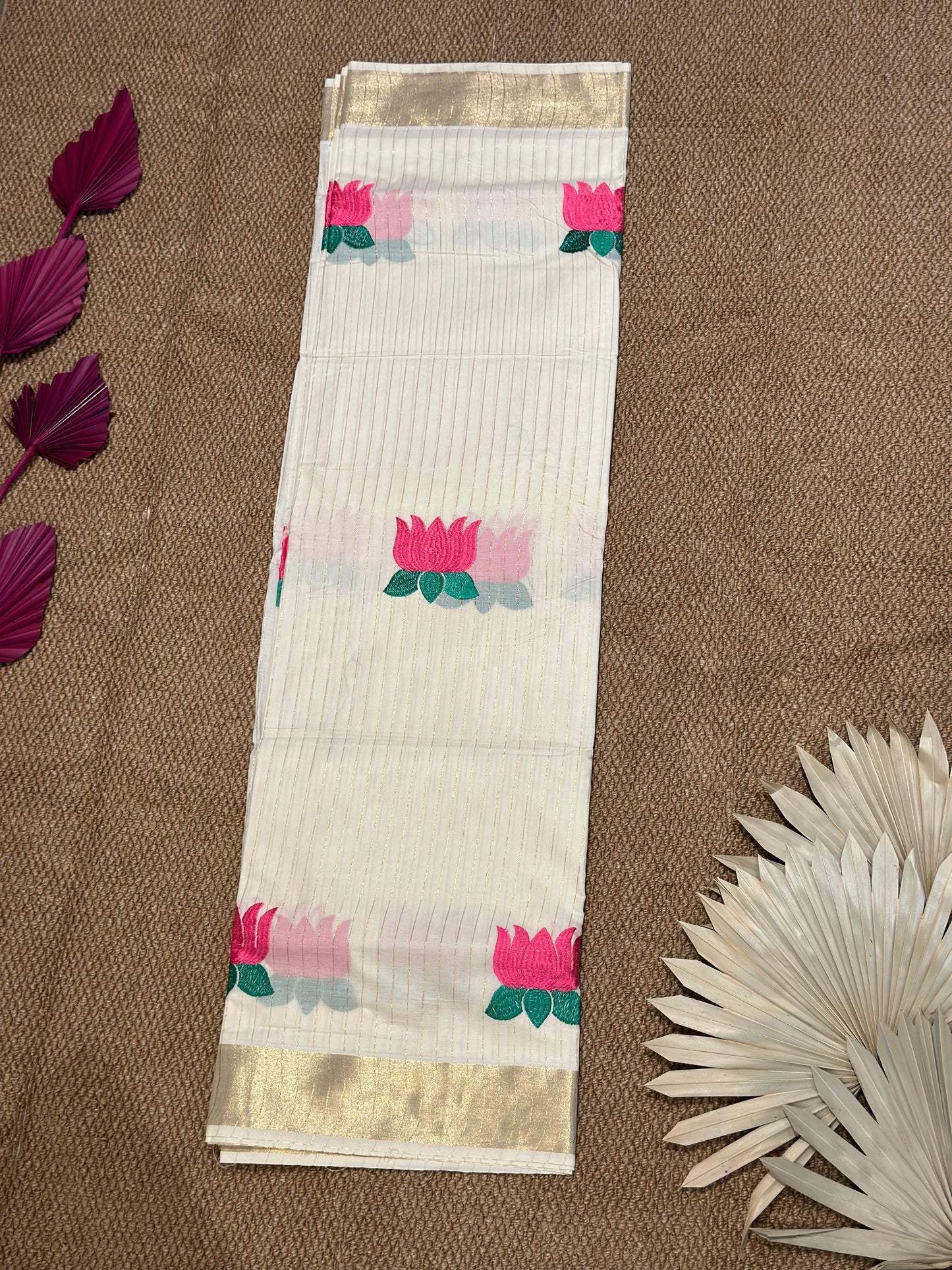 Ivory & Gold Kerala Kasav Saree with Blooming Lotus Motifs